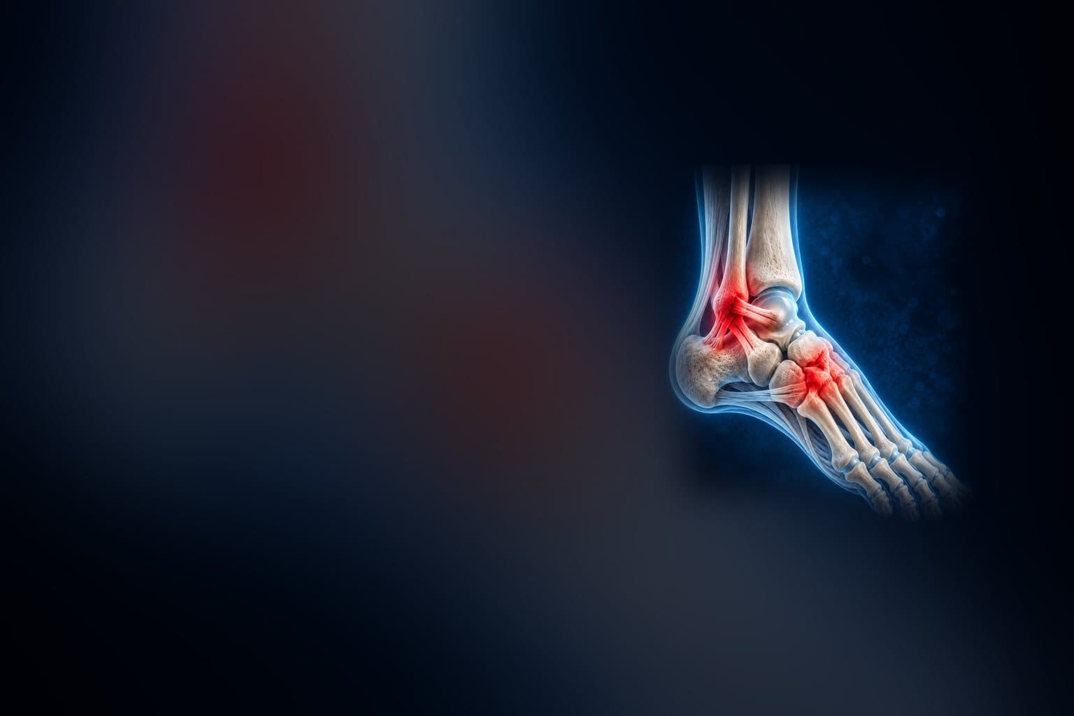 Stylised illustration of the bones of the foot and ankle.