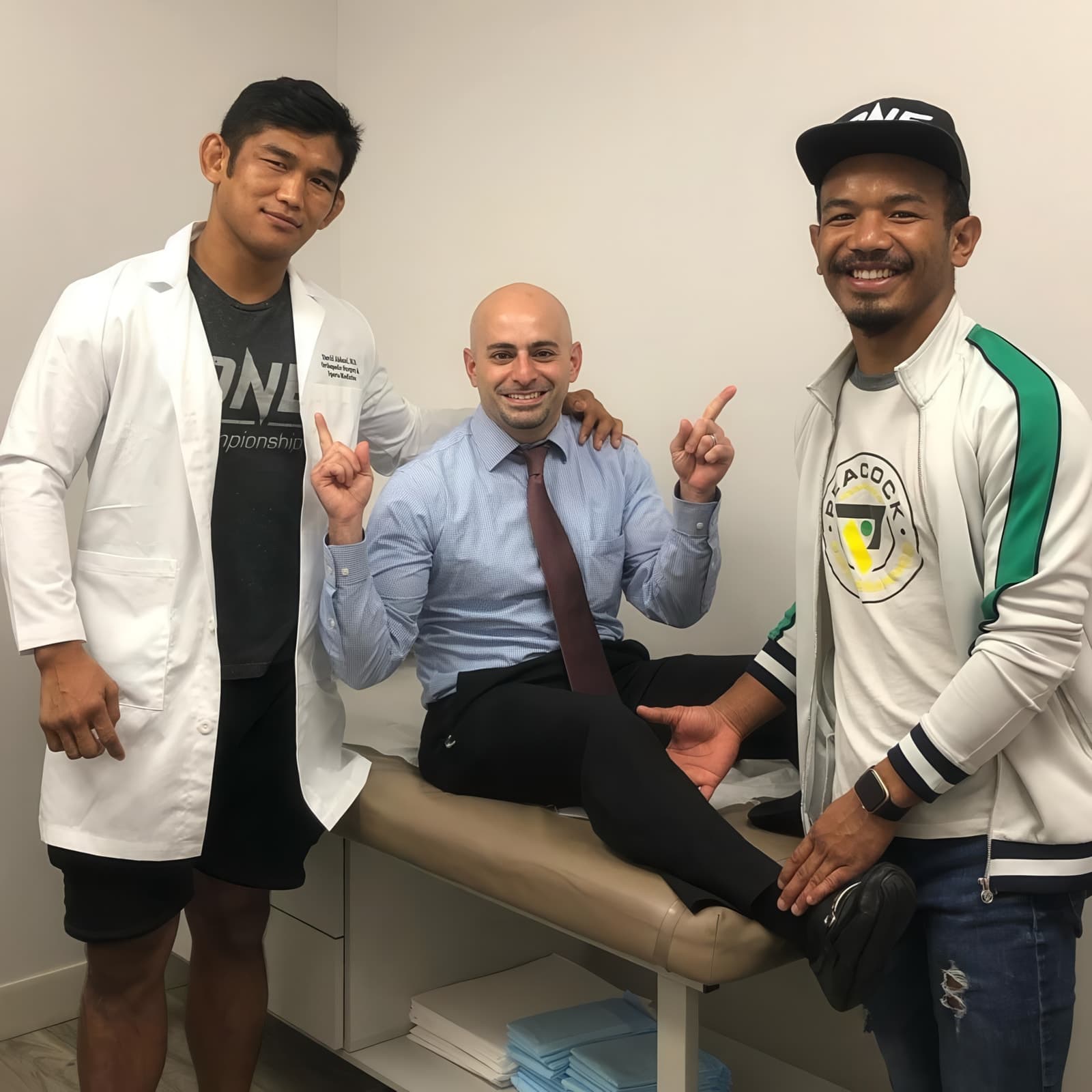 Dr. Abbasi with two visitors in the office, one in a ONE Championship jacket