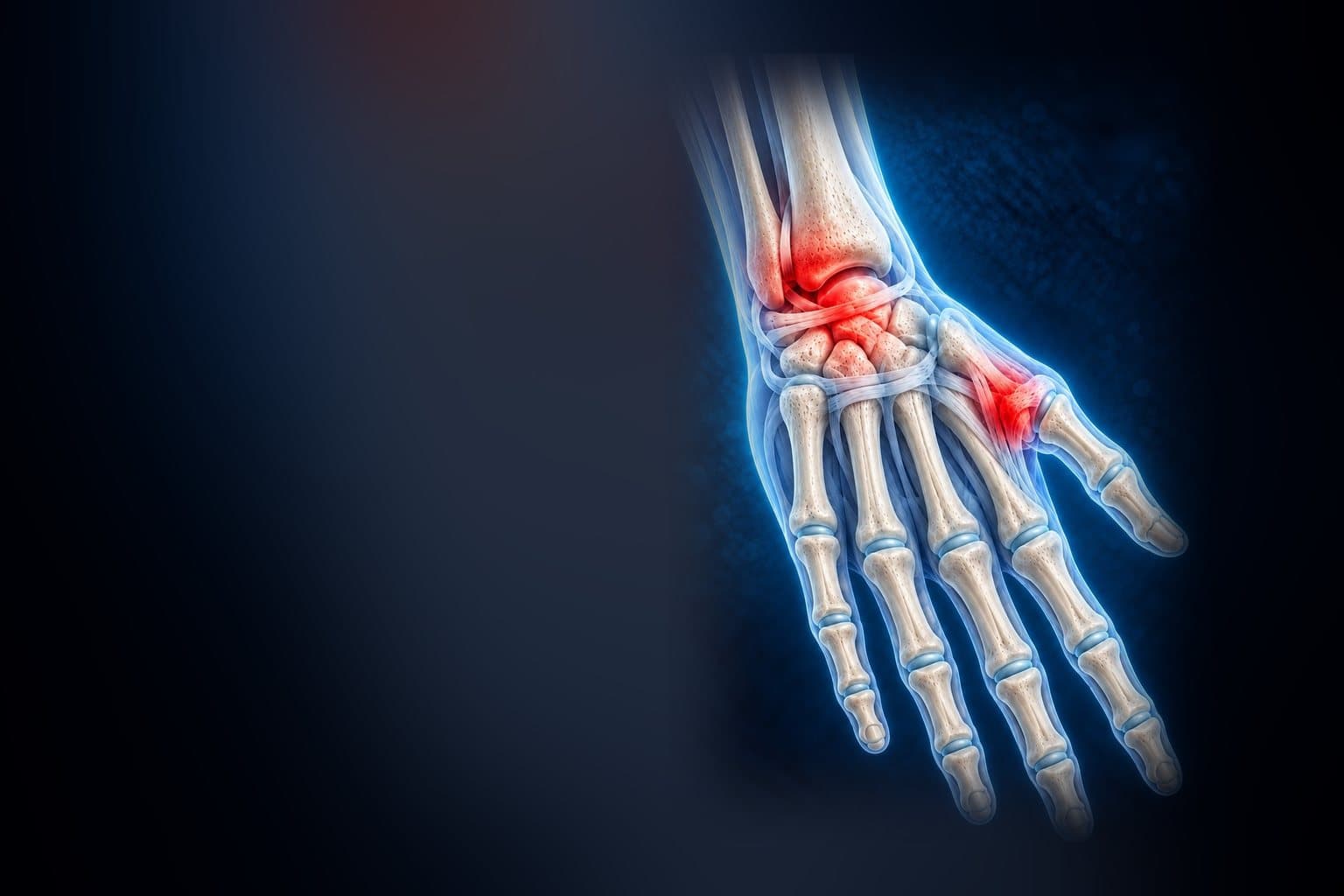 Illustration of the bones of the hand and wrist, with areas highlighted