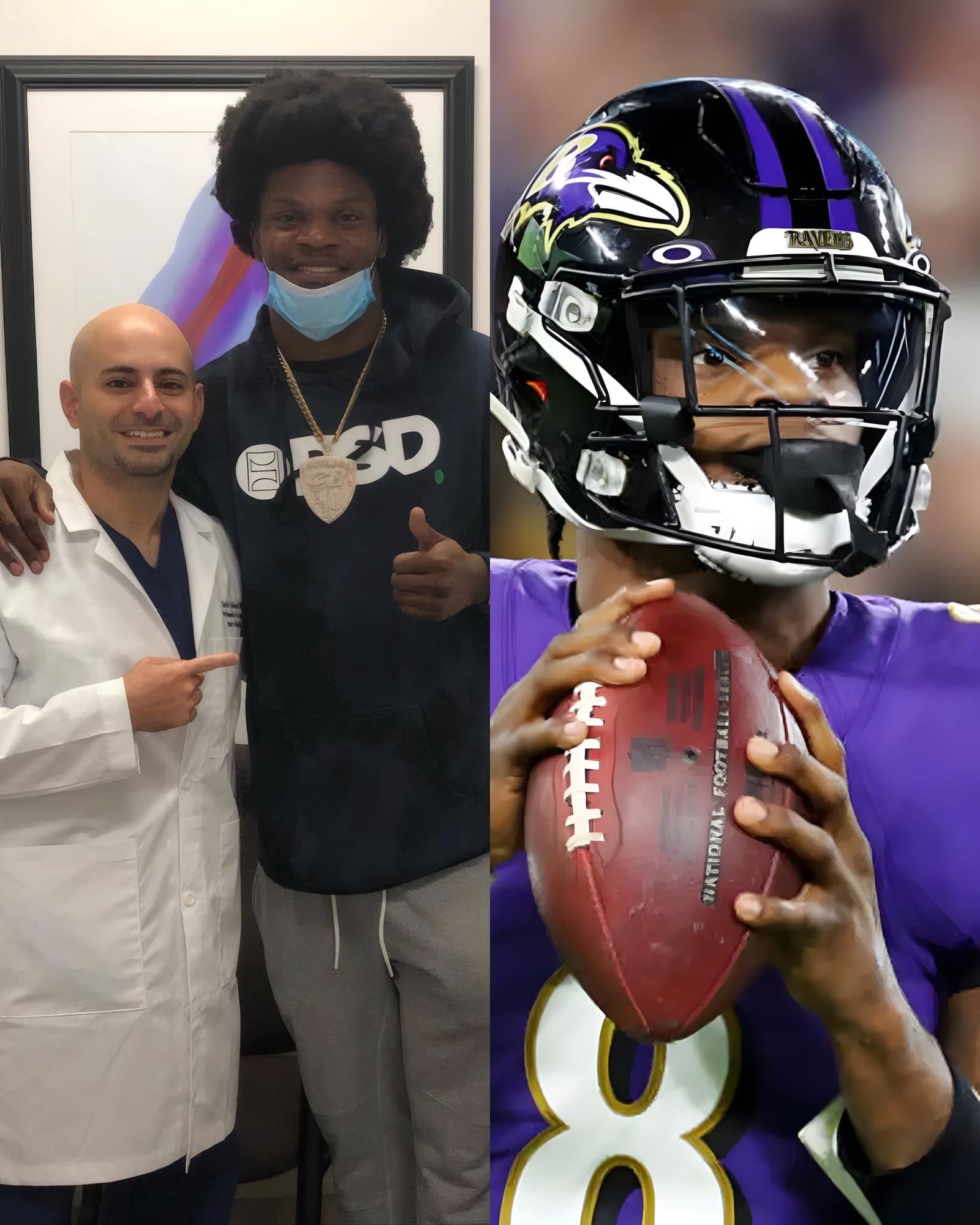 Dr. Abbasi with Lamar Jackson, Baltimore Ravens quarterback, beside a photograph of Jackson in play