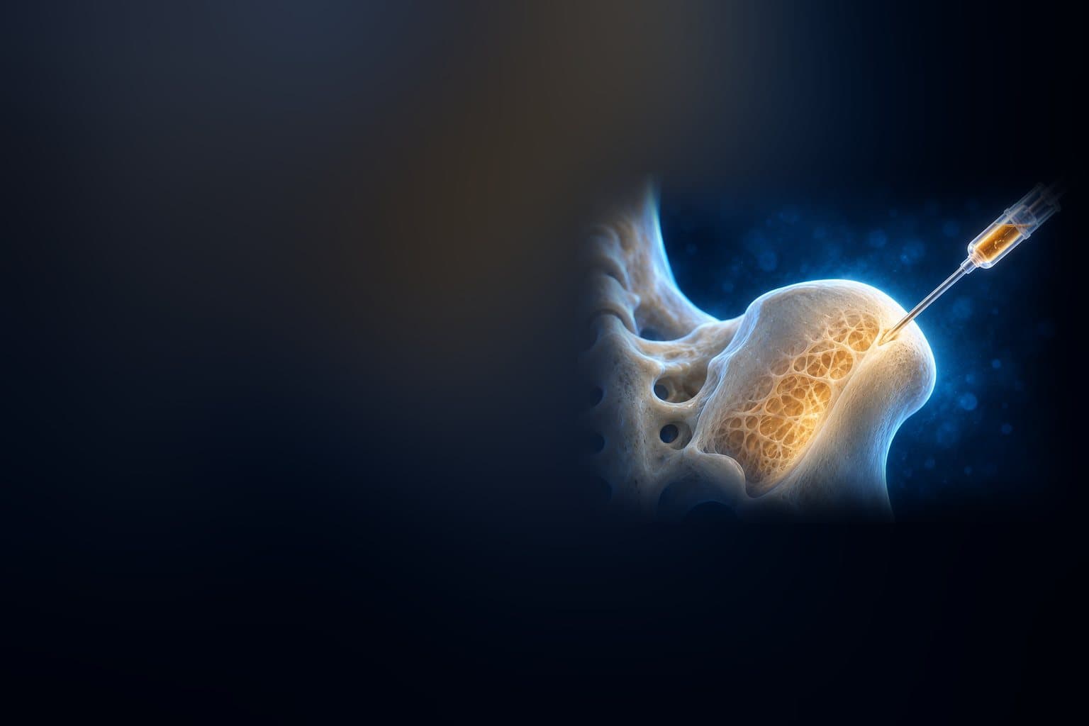 Stylised illustration of a needle drawing marrow from the back of the hip bone.