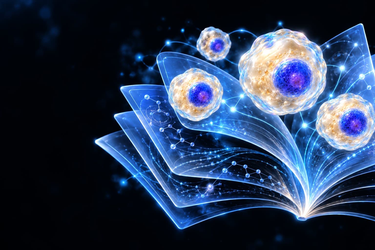 Illustration of an open book with cells rising from its pages