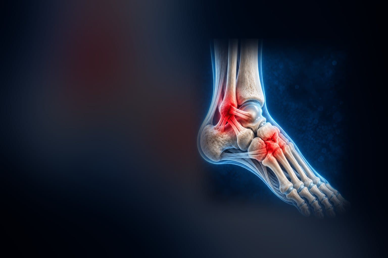 Illustration of the bones of the foot and ankle, with areas highlighted