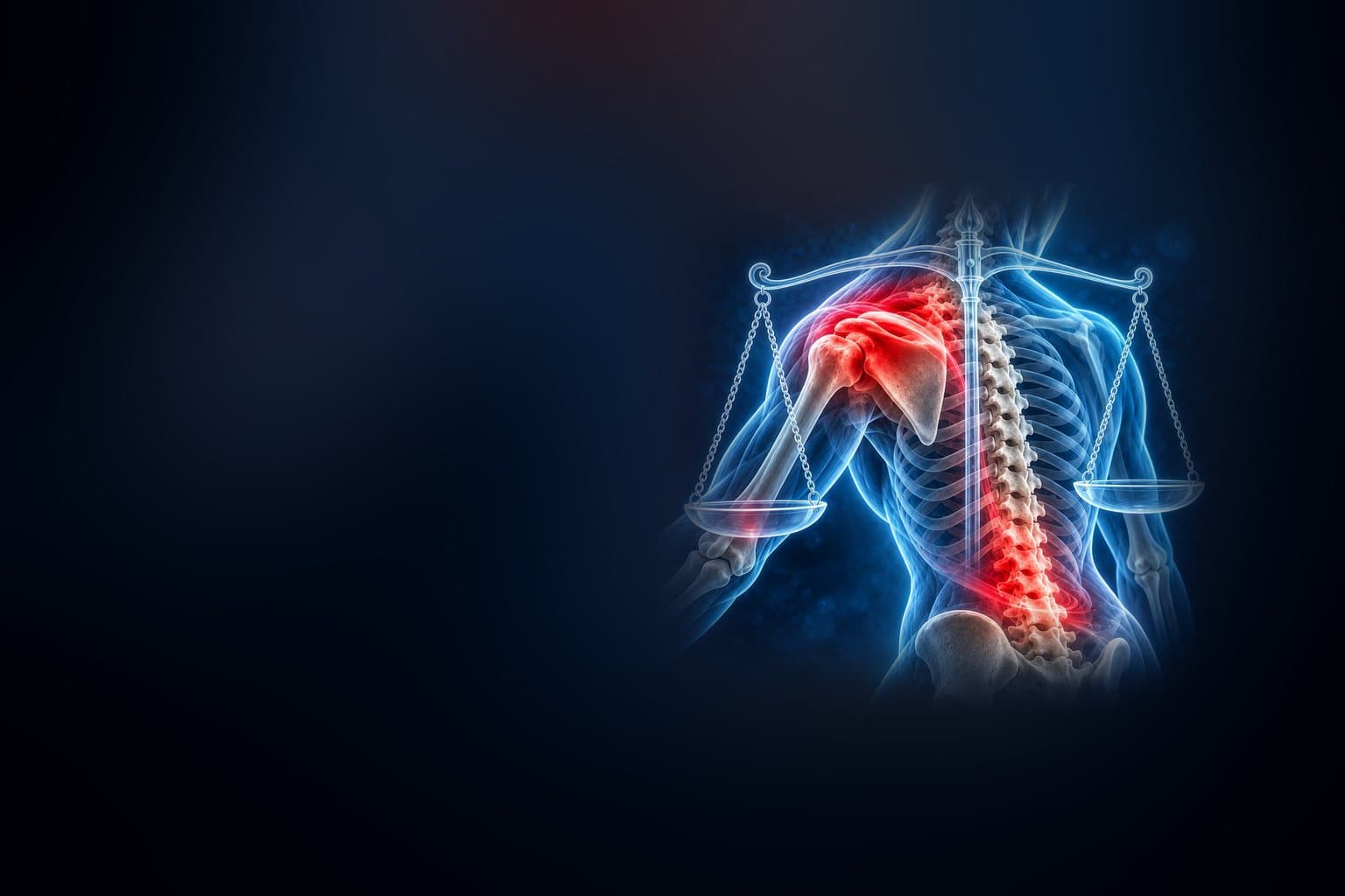 Illustration of a skeleton's back and shoulder in front of the scales of justice